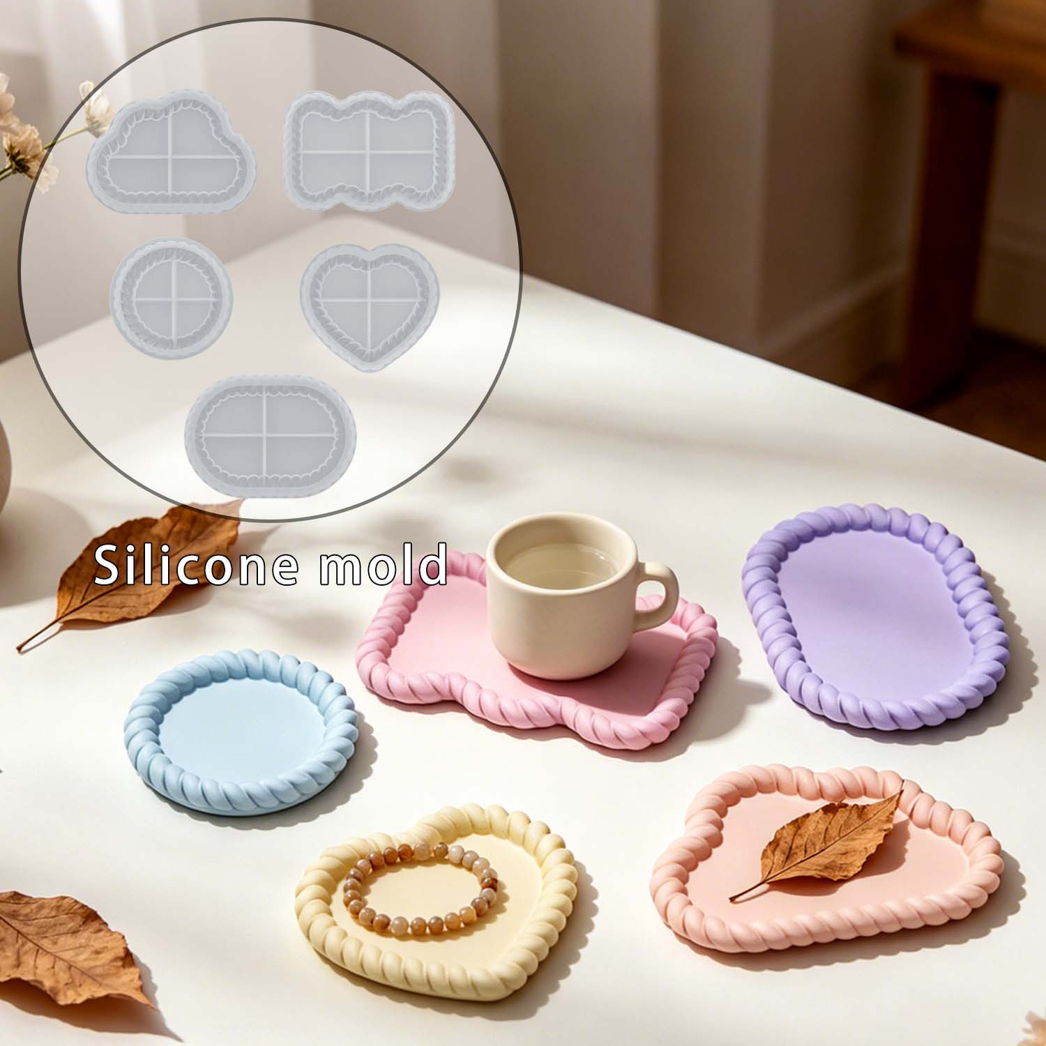 Serving Tray Mold - Verschiedene Jute-Untersetzer-Sets, Kristallharz-Blumenformen, flaschenförmige Teeuntersetzer-Aufbewahrungsboxen, Heimorganisation