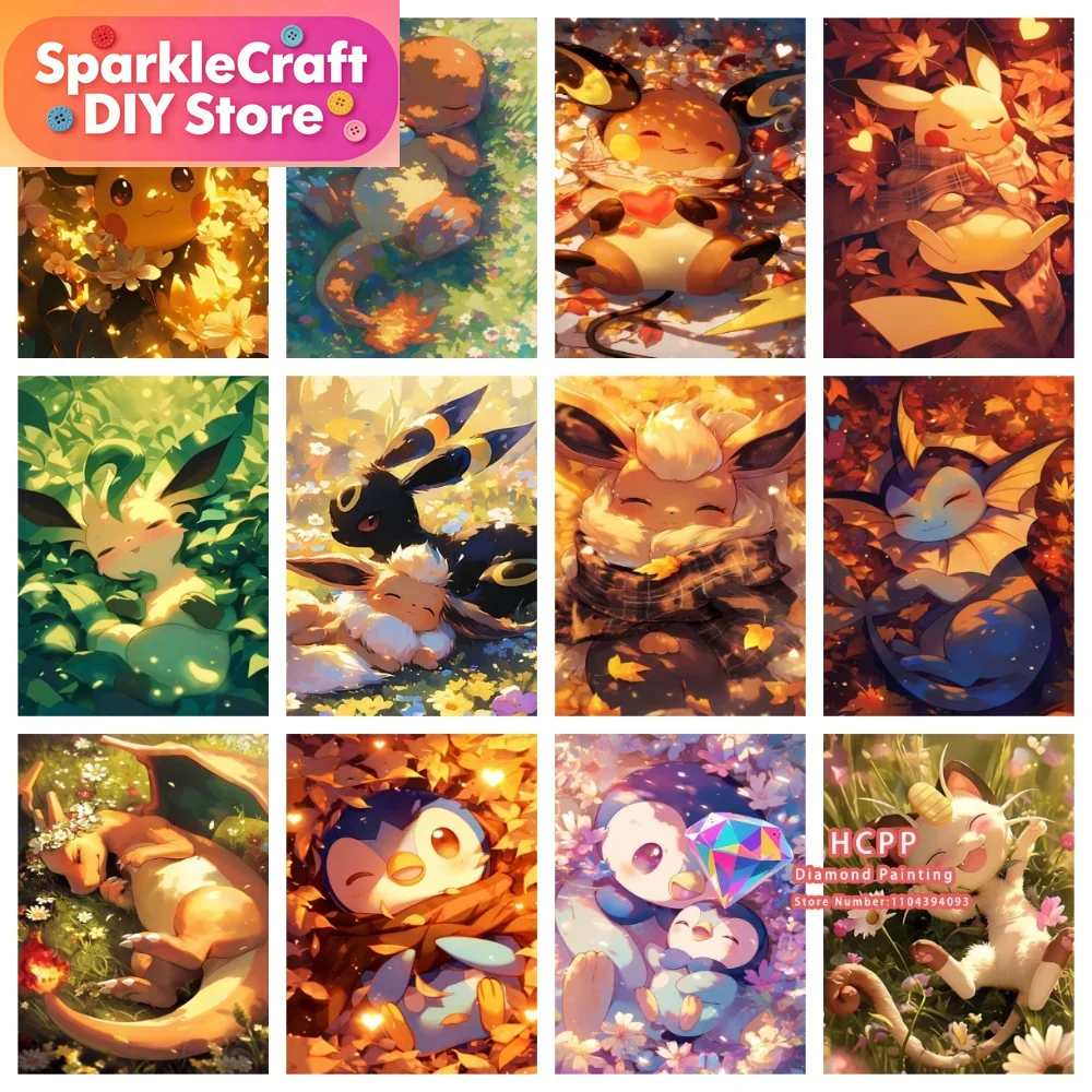 Resin Craft Material - 1 Stück rahmenloses Cartoon-Pokemon-Pikachu-Charizard-Eevee-Vulpix-Quadrat-Rund-Diamant-Malset 5D DIY